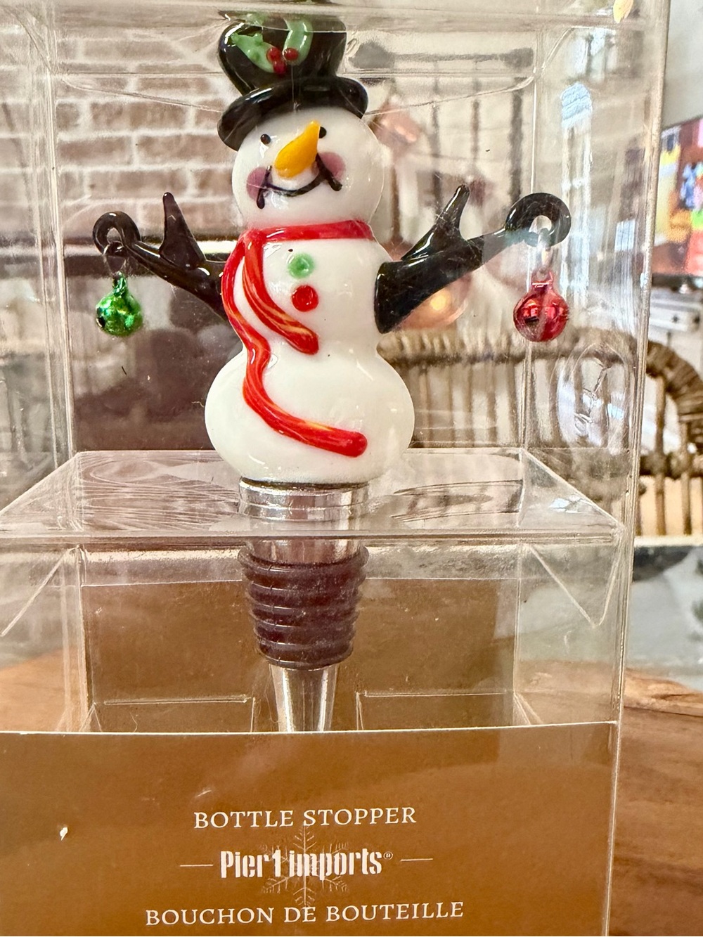 Pier 1 White Snowman and Jingle Bells Bottle Stopper, Handblown glass